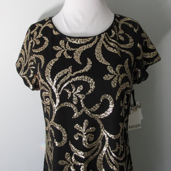 Black Gold Sequin Embellished Cocktail Dress; Excellent Condition; Worn Once - Picture 11 of 14